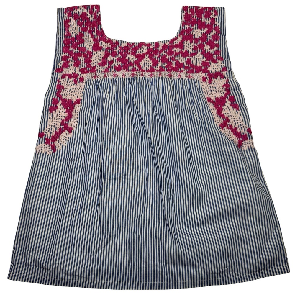 J MARIE Embroidered Top Tunic Fuschia Pink‎ Blue Pinstripes Sleeveless Floral XS